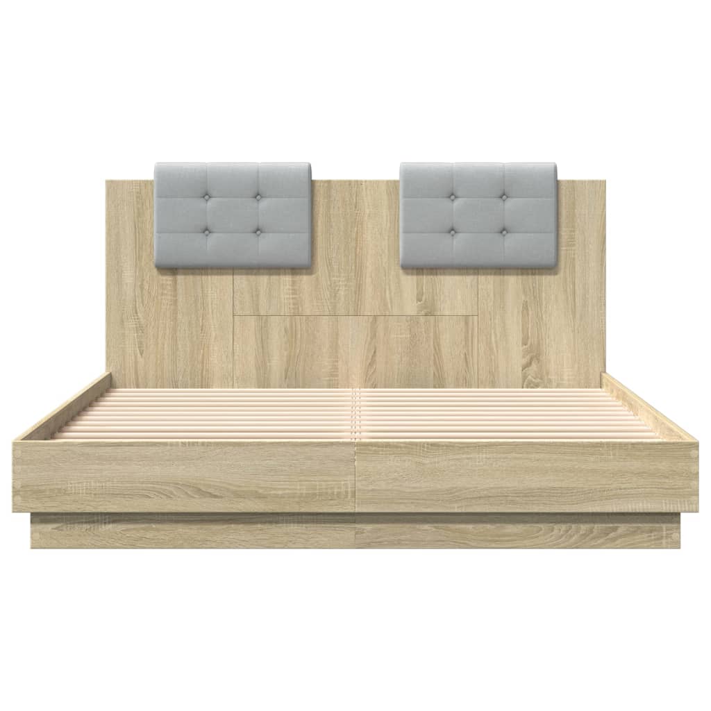 Bedframe met hoofdeinde bewerkt hout sonoma eiken 140x200 cm is nu te koop bij PeponiXL, paradijselijk wonen!