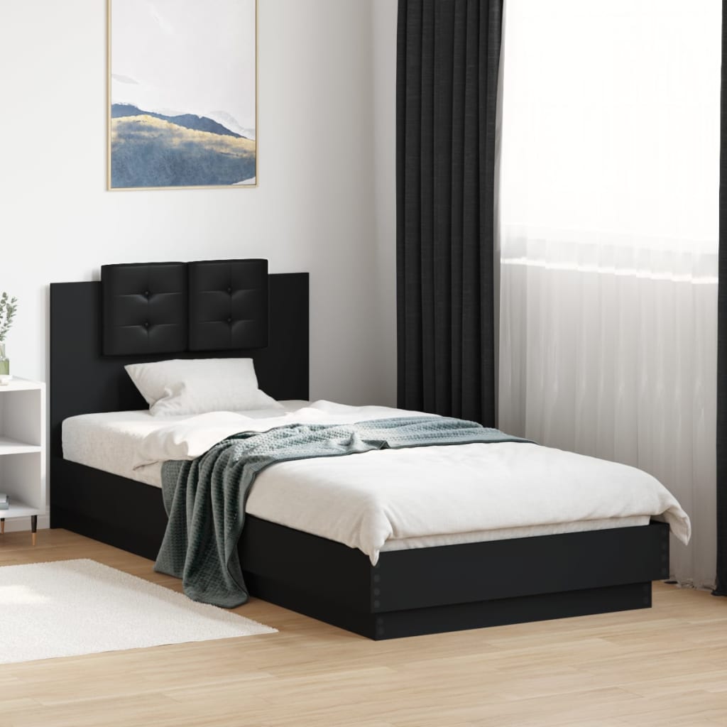Bedframe met hoofdbord bewerkt hout zwart 100x200 cm is nu te koop bij PeponiXL, paradijselijk wonen!