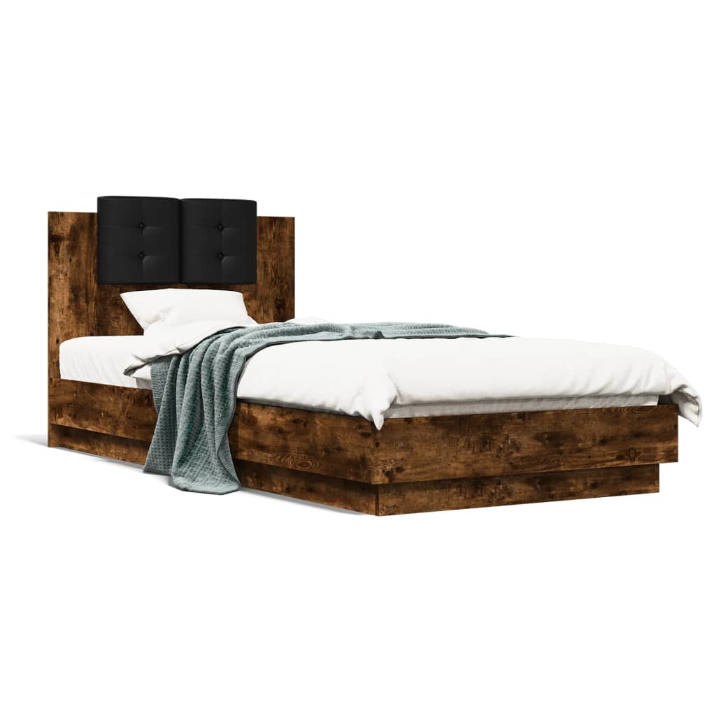 Bedframe met hoofdeinde bewerkt hout gerookt eiken 100x200 cm is nu te koop bij PeponiXL, paradijselijk wonen!