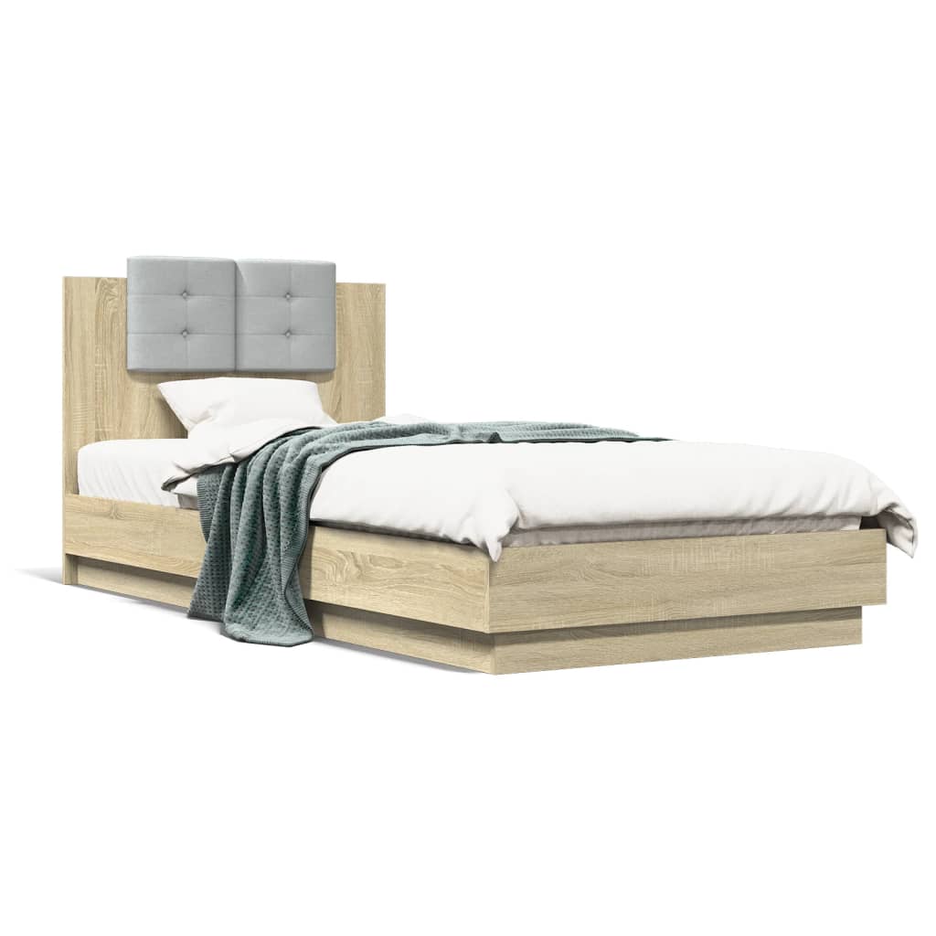 Bedframe met hoofdeinde bewerkt hout sonoma eiken 100x200 cm is nu te koop bij PeponiXL, paradijselijk wonen!