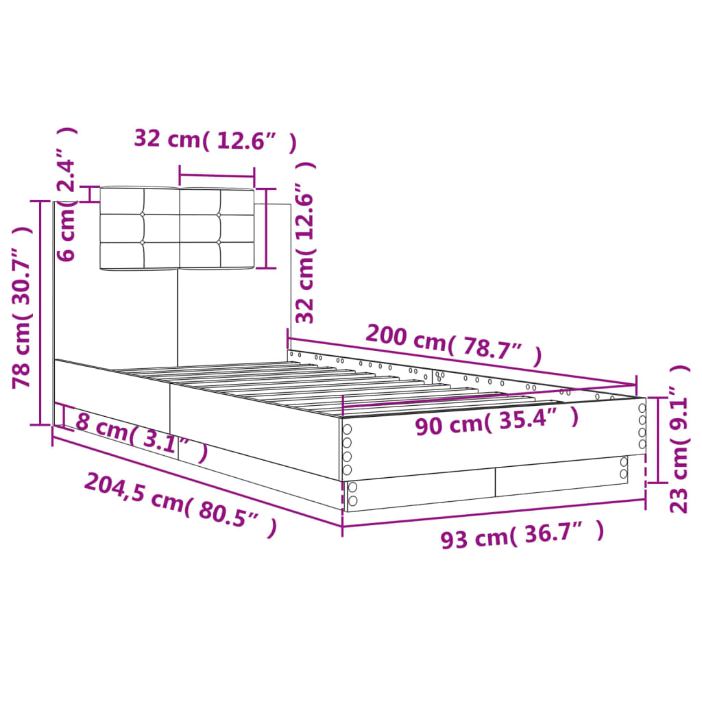 Bedframe met hoofdeinde bewerkt hout betongrijs 90x200 cm is nu te koop bij PeponiXL, paradijselijk wonen!