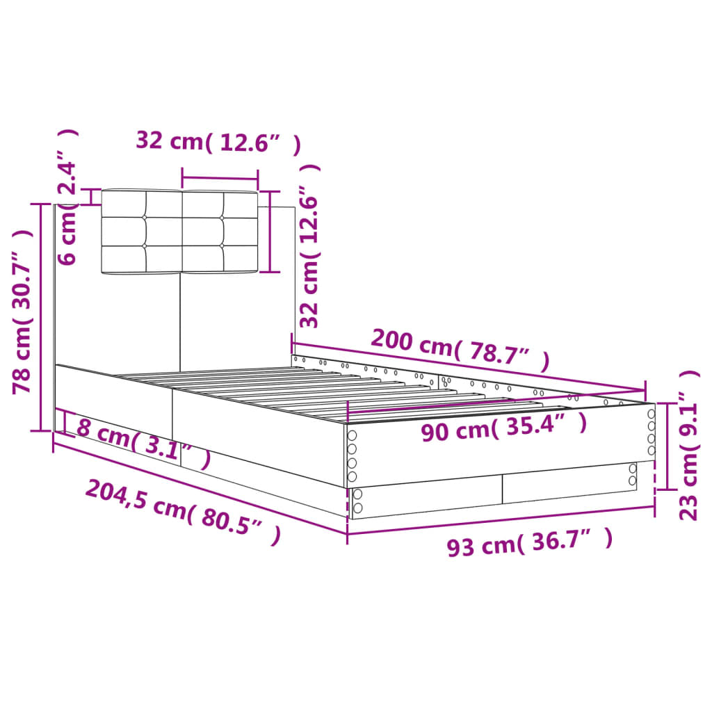 Bedframe met hoofdeinde bewerkt hout gerookt eiken 90x200 cm is nu te koop bij PeponiXL, paradijselijk wonen!