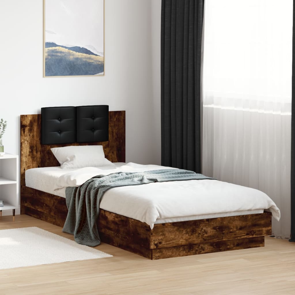 Bedframe met hoofdeinde bewerkt hout gerookt eiken 90x200 cm is nu te koop bij PeponiXL, paradijselijk wonen!