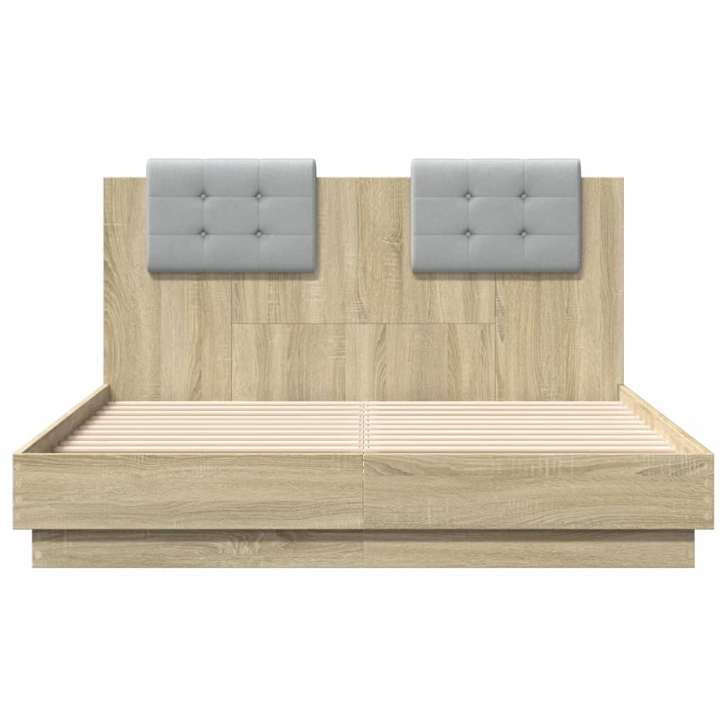 Bedframe met hoofdeinde bewerkt hout sonoma eiken 140x190 cm is nu te koop bij PeponiXL, paradijselijk wonen!