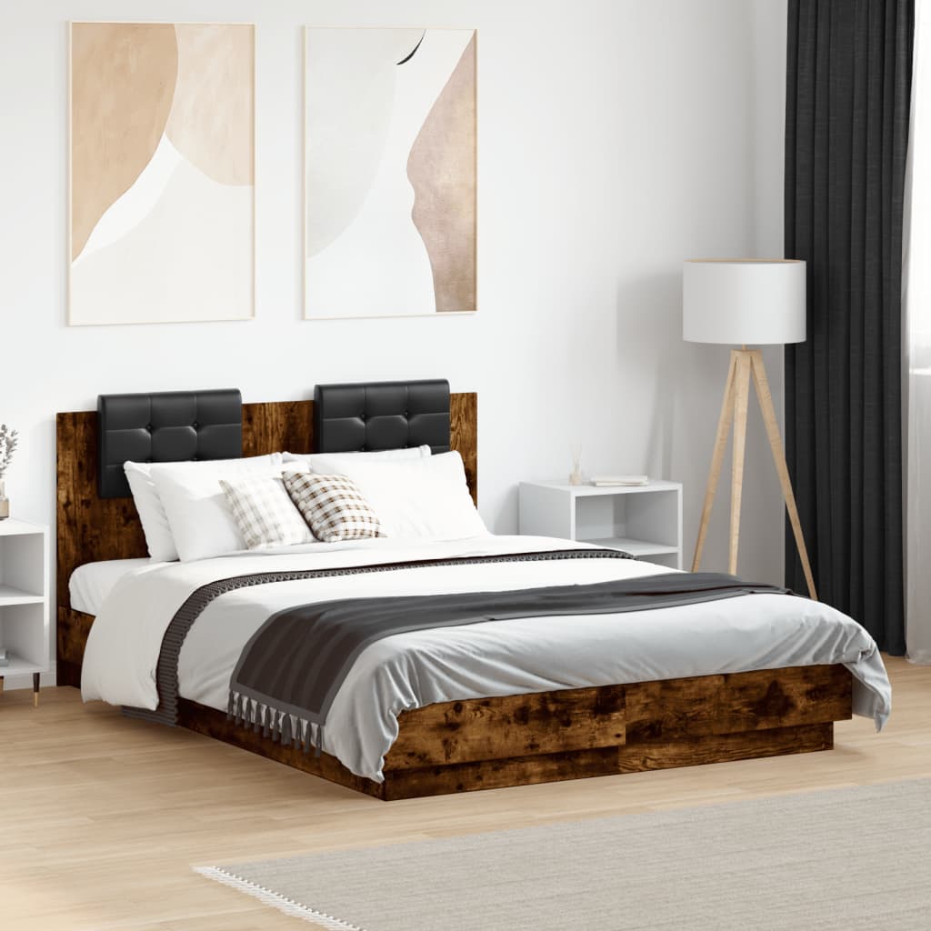 Bedframe met hoofdeinde bewerkt hout gerookt eiken 120x190 cm is nu te koop bij PeponiXL, paradijselijk wonen!