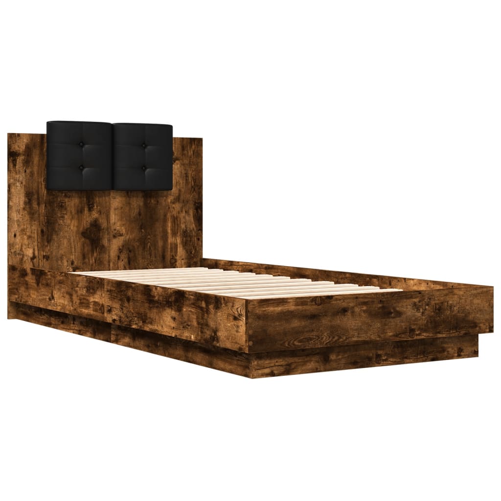 Bedframe met hoofdeinde bewerkt hout gerookt eiken 90x190 cm is nu te koop bij PeponiXL, paradijselijk wonen!