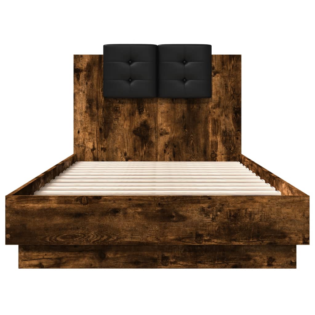 Bedframe met hoofdeinde bewerkt hout gerookt eiken 90x190 cm is nu te koop bij PeponiXL, paradijselijk wonen!