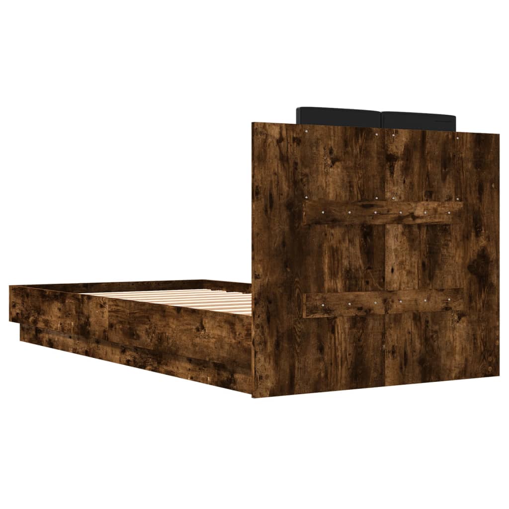 Bedframe met hoofdeinde bewerkt hout gerookt eiken 90x190 cm is nu te koop bij PeponiXL, paradijselijk wonen!