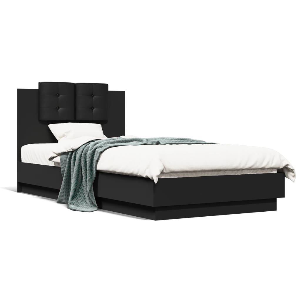 Bedframe met hoofdbord bewerkt hout zwart 75x190 cm is nu te koop bij PeponiXL, paradijselijk wonen!