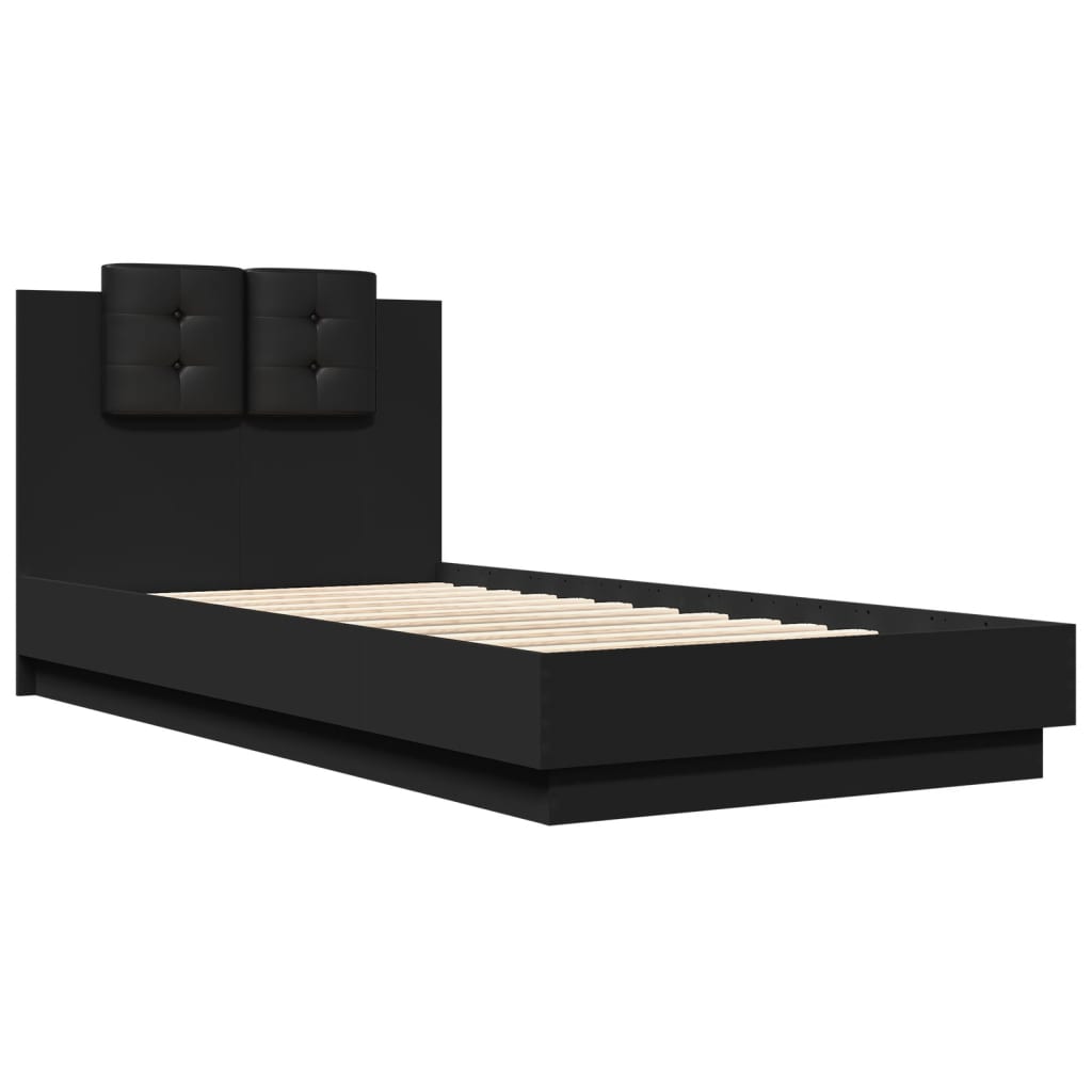 Bedframe met hoofdbord bewerkt hout zwart 75x190 cm is nu te koop bij PeponiXL, paradijselijk wonen!