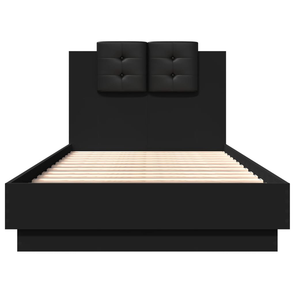 Bedframe met hoofdbord bewerkt hout zwart 75x190 cm is nu te koop bij PeponiXL, paradijselijk wonen!