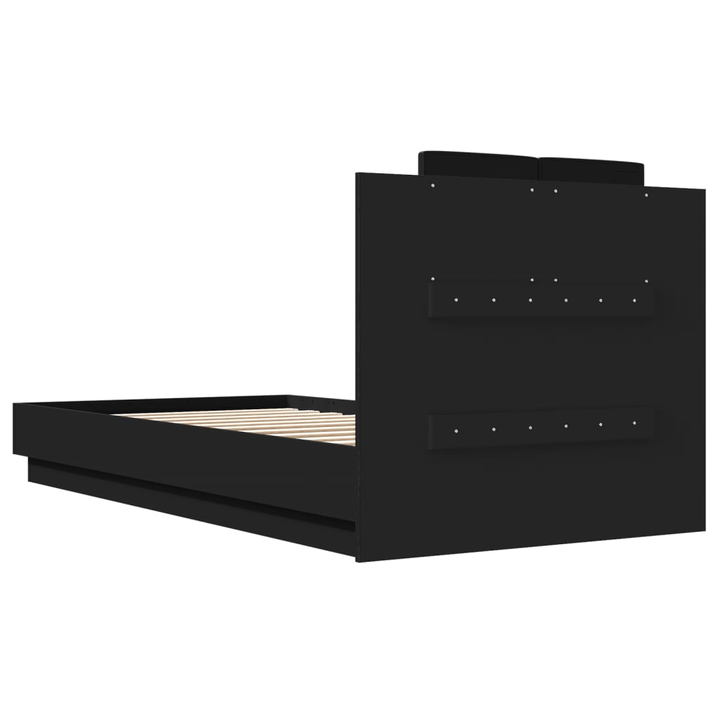 Bedframe met hoofdbord bewerkt hout zwart 75x190 cm is nu te koop bij PeponiXL, paradijselijk wonen!
