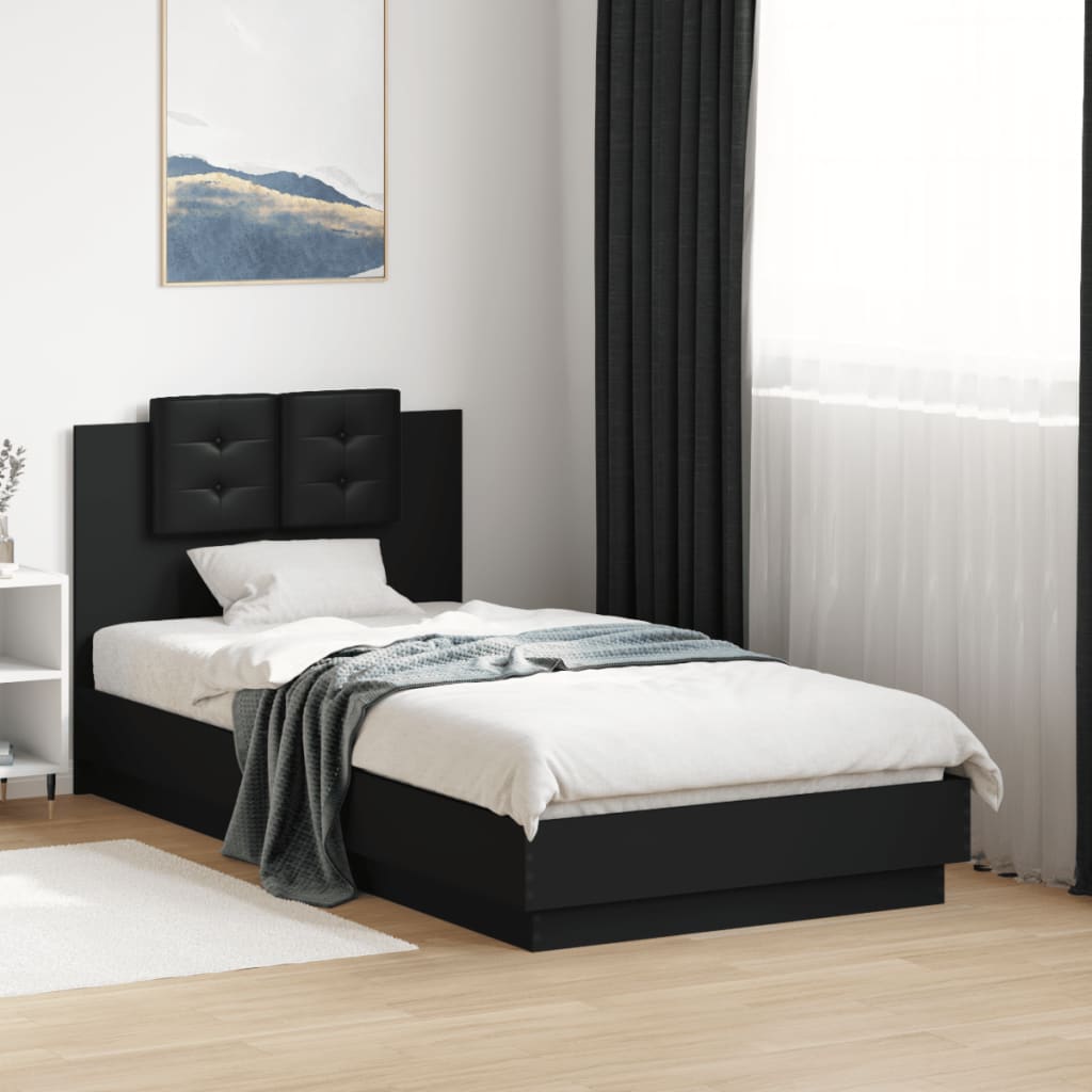 Bedframe met hoofdbord bewerkt hout zwart 75x190 cm is nu te koop bij PeponiXL, paradijselijk wonen!