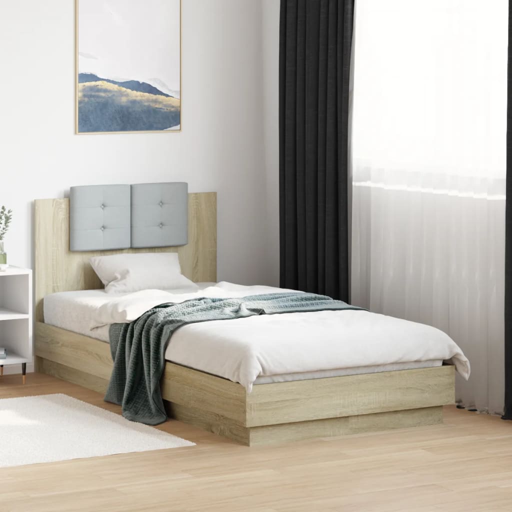Bedframe met hoofdbord bewerkt hout sonoma eiken 75x190 cm is nu te koop bij PeponiXL, paradijselijk wonen!