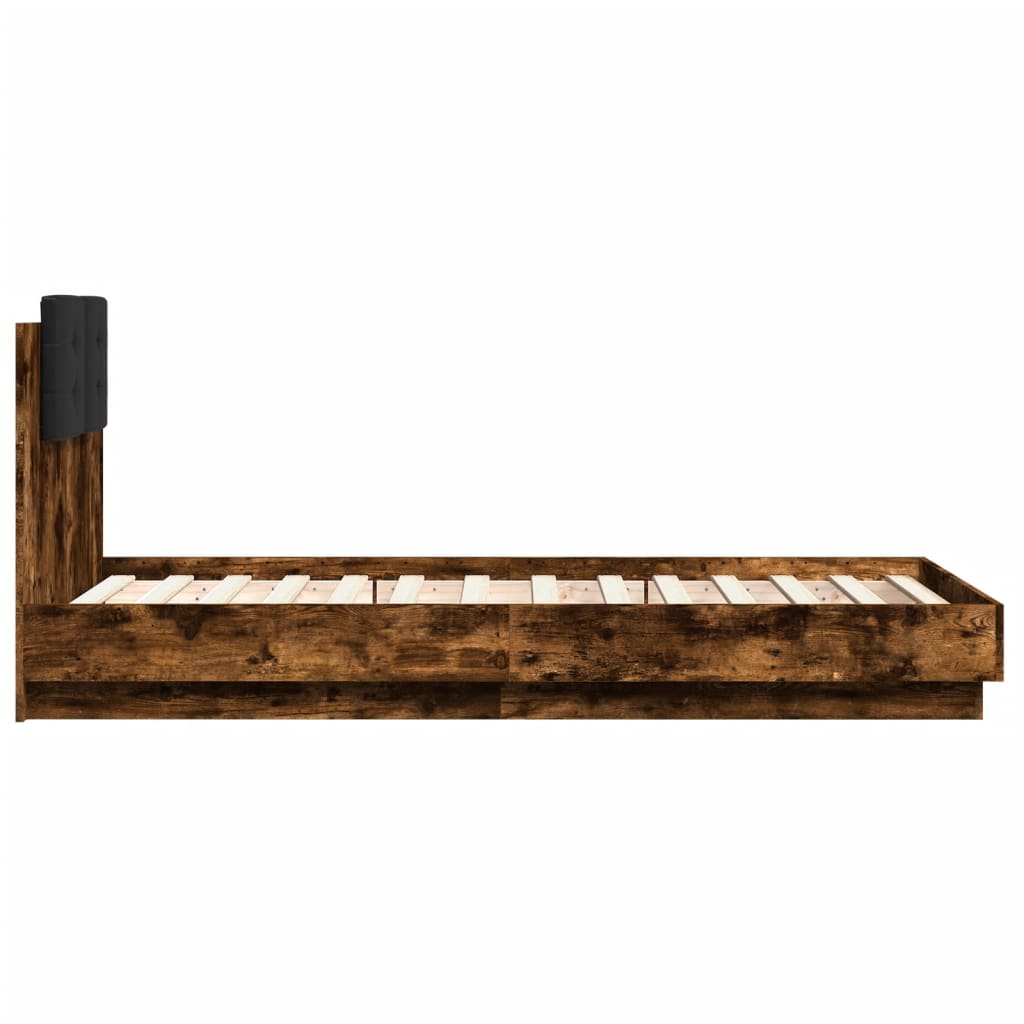 Bedframe met hoofdbord bewerkt hout gerookt eiken 75x190 cm is nu te koop bij PeponiXL, paradijselijk wonen!