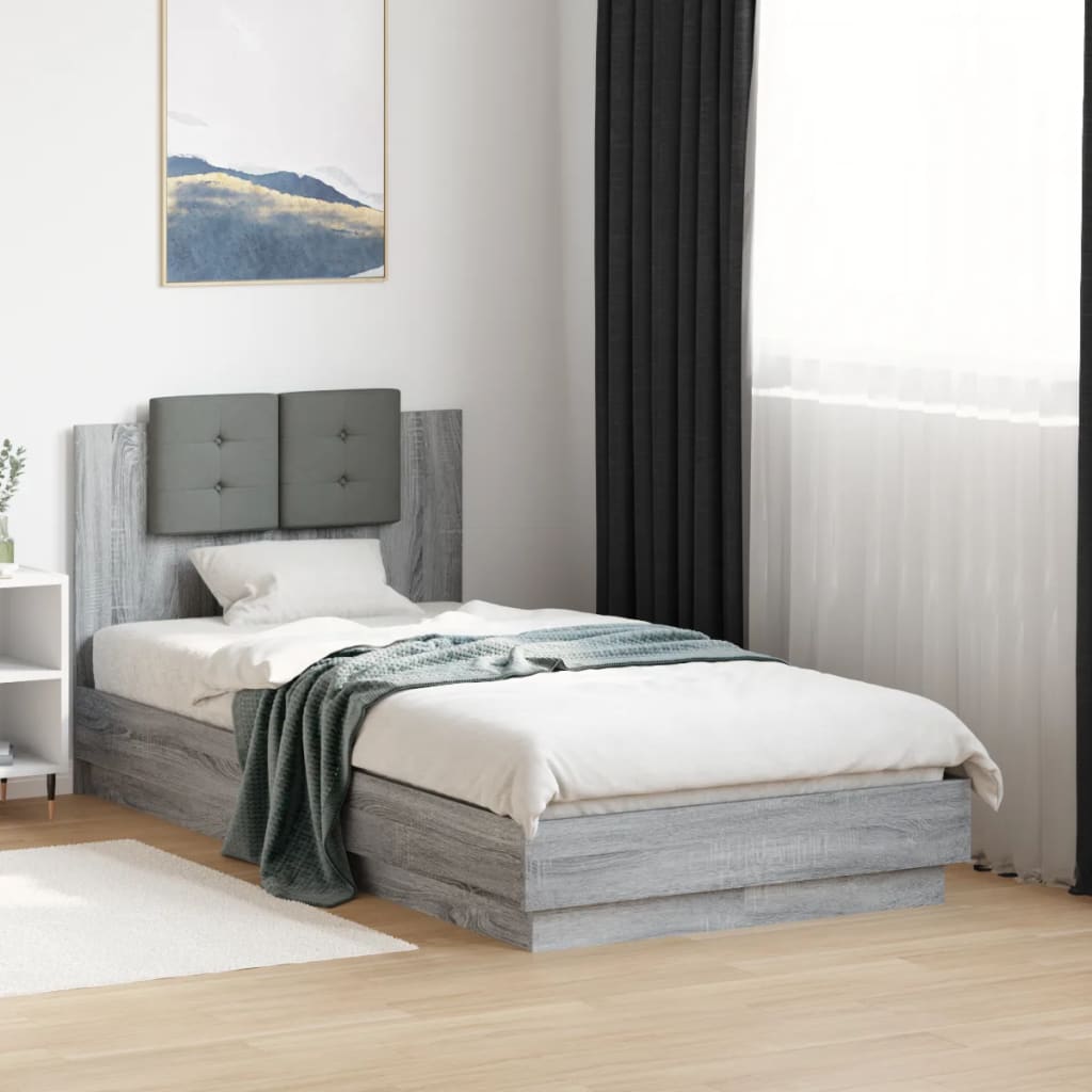 Bedframe met hoofdbord bewerkt hout grijs sonoma 75x190 cm is nu te koop bij PeponiXL, paradijselijk wonen!