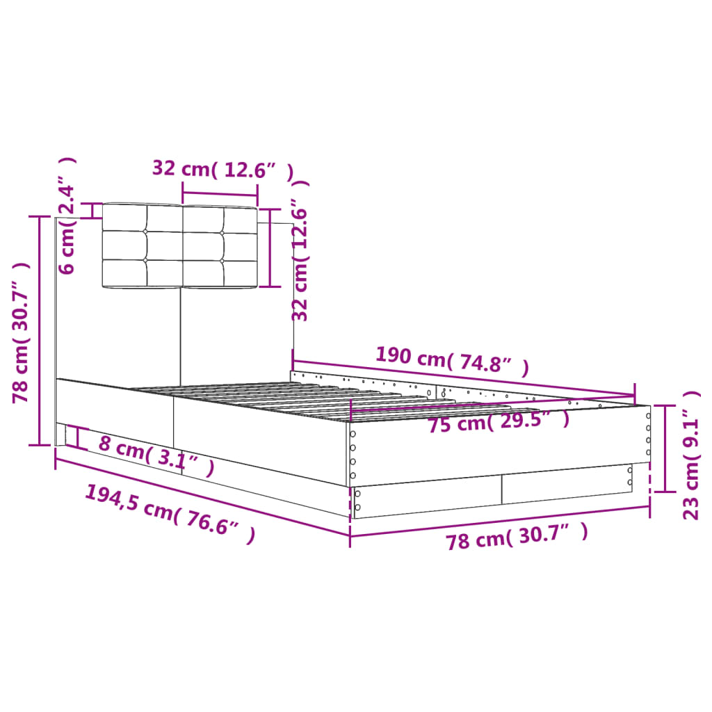 Bedframe met hoofdbord bewerkt hout grijs sonoma 75x190 cm is nu te koop bij PeponiXL, paradijselijk wonen!
