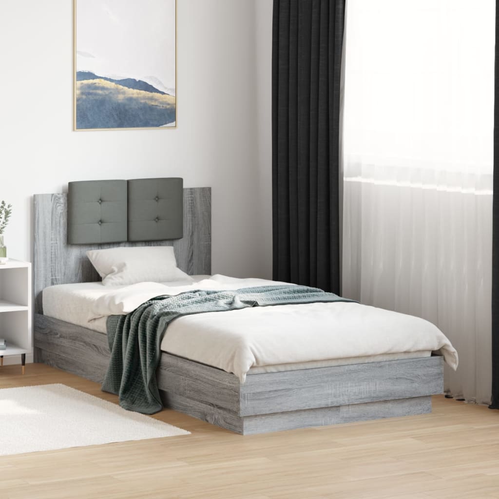 Bedframe met hoofdbord bewerkt hout grijs sonoma 75x190 cm is nu te koop bij PeponiXL, paradijselijk wonen!