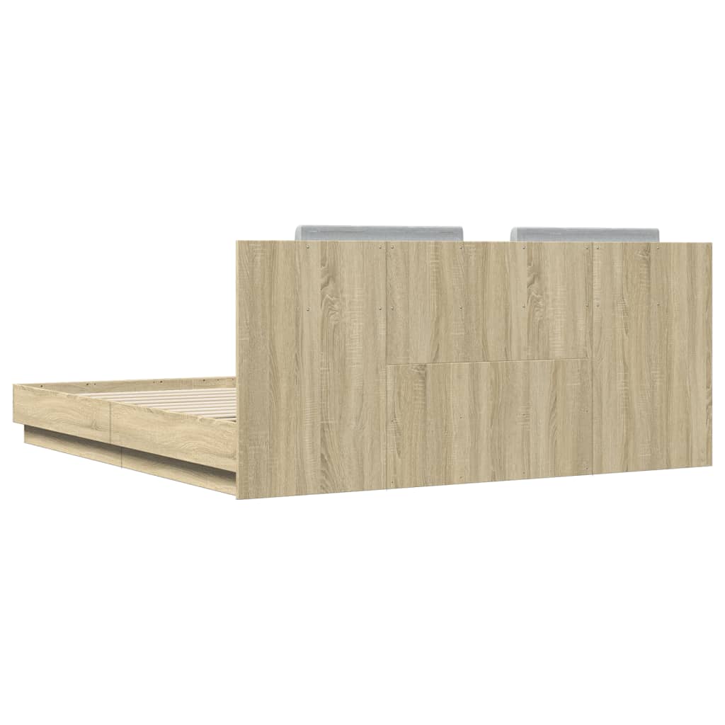 Bedframe met hoofdbord en LED sonoma eikenkleurig 200x200 cm is nu te koop bij PeponiXL, paradijselijk wonen!