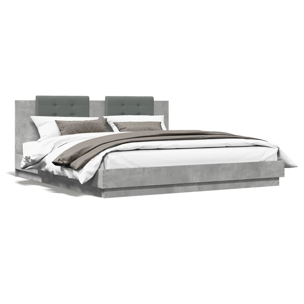 Bedframe met hoofdbord en LED-verlichting betongrijs 200x200 cm is nu te koop bij PeponiXL, paradijselijk wonen!
