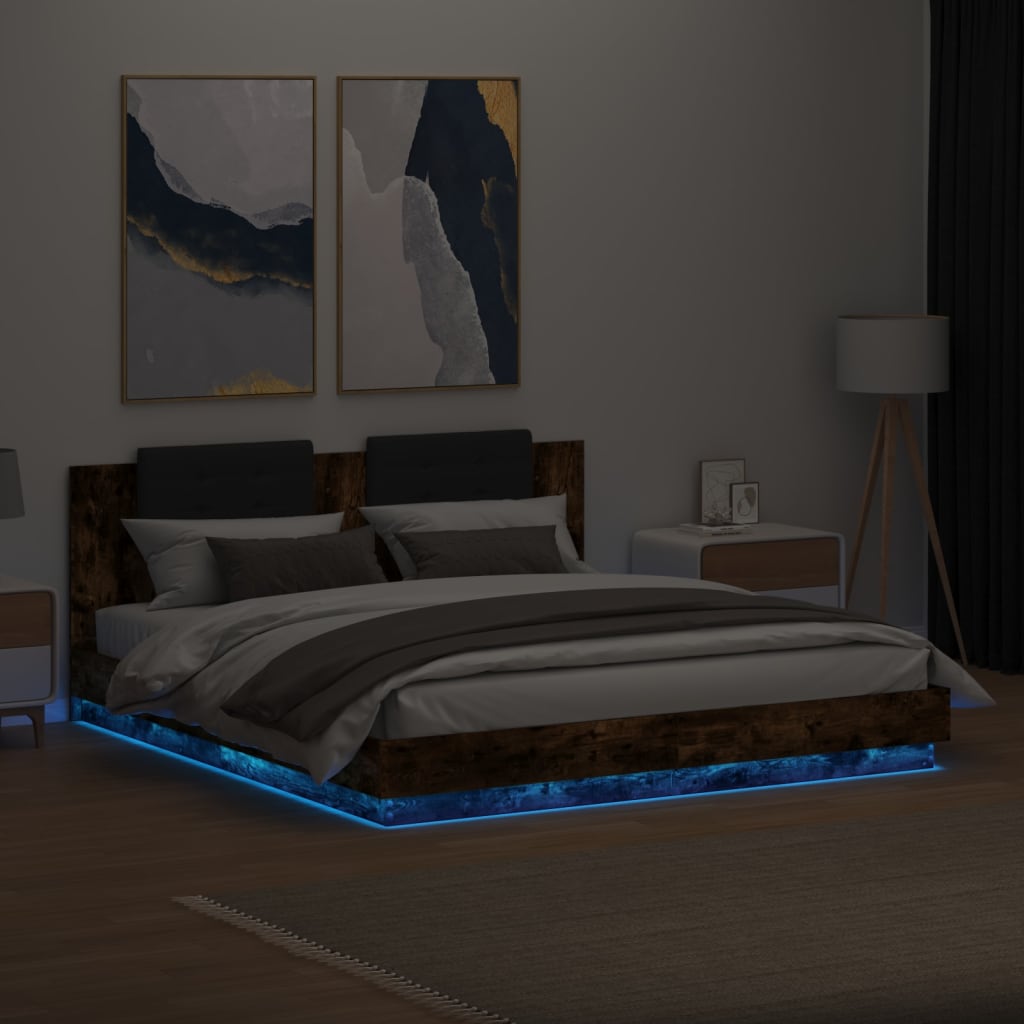 Bedframe met hoofdbord en LED gerookt eikenkleur 200x200 cm is nu te koop bij PeponiXL, paradijselijk wonen!