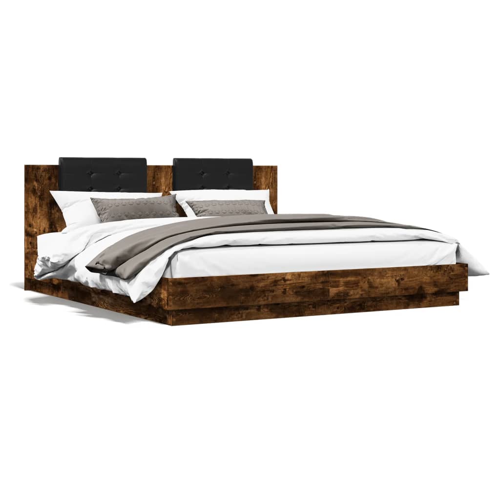 Bedframe met hoofdbord en LED gerookt eikenkleur 200x200 cm is nu te koop bij PeponiXL, paradijselijk wonen!