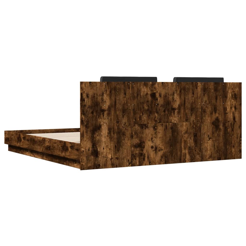 Bedframe met hoofdbord en LED gerookt eikenkleur 200x200 cm is nu te koop bij PeponiXL, paradijselijk wonen!