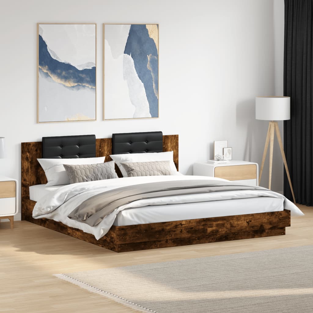 Bedframe met hoofdbord en LED gerookt eikenkleur 200x200 cm is nu te koop bij PeponiXL, paradijselijk wonen!