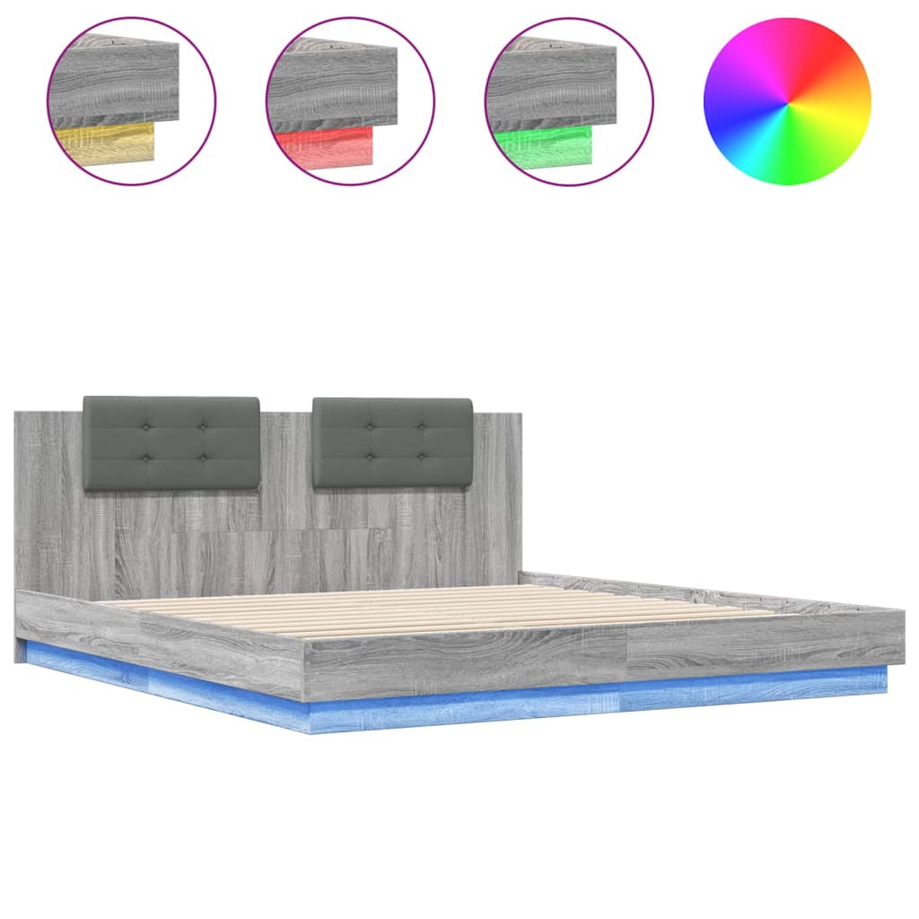 Bedframe met hoofdbord en LED grijs sonoma eiken 200x200 cm is nu te koop bij PeponiXL, paradijselijk wonen!