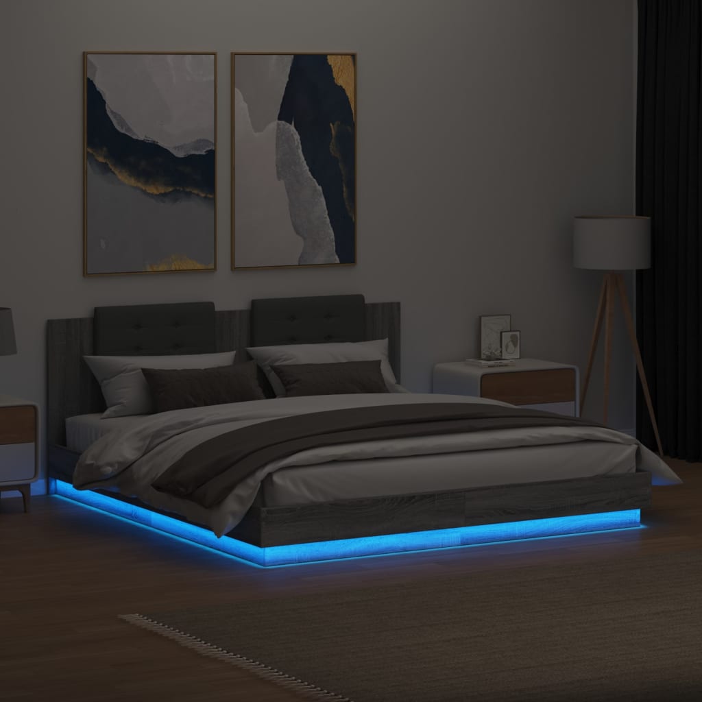 Bedframe met hoofdbord en LED grijs sonoma eiken 200x200 cm is nu te koop bij PeponiXL, paradijselijk wonen!