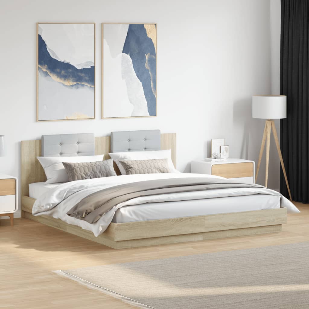 Bedframe met hoofdbord en LED sonoma eikenkleurig 180x200 cm is nu te koop bij PeponiXL, paradijselijk wonen!
