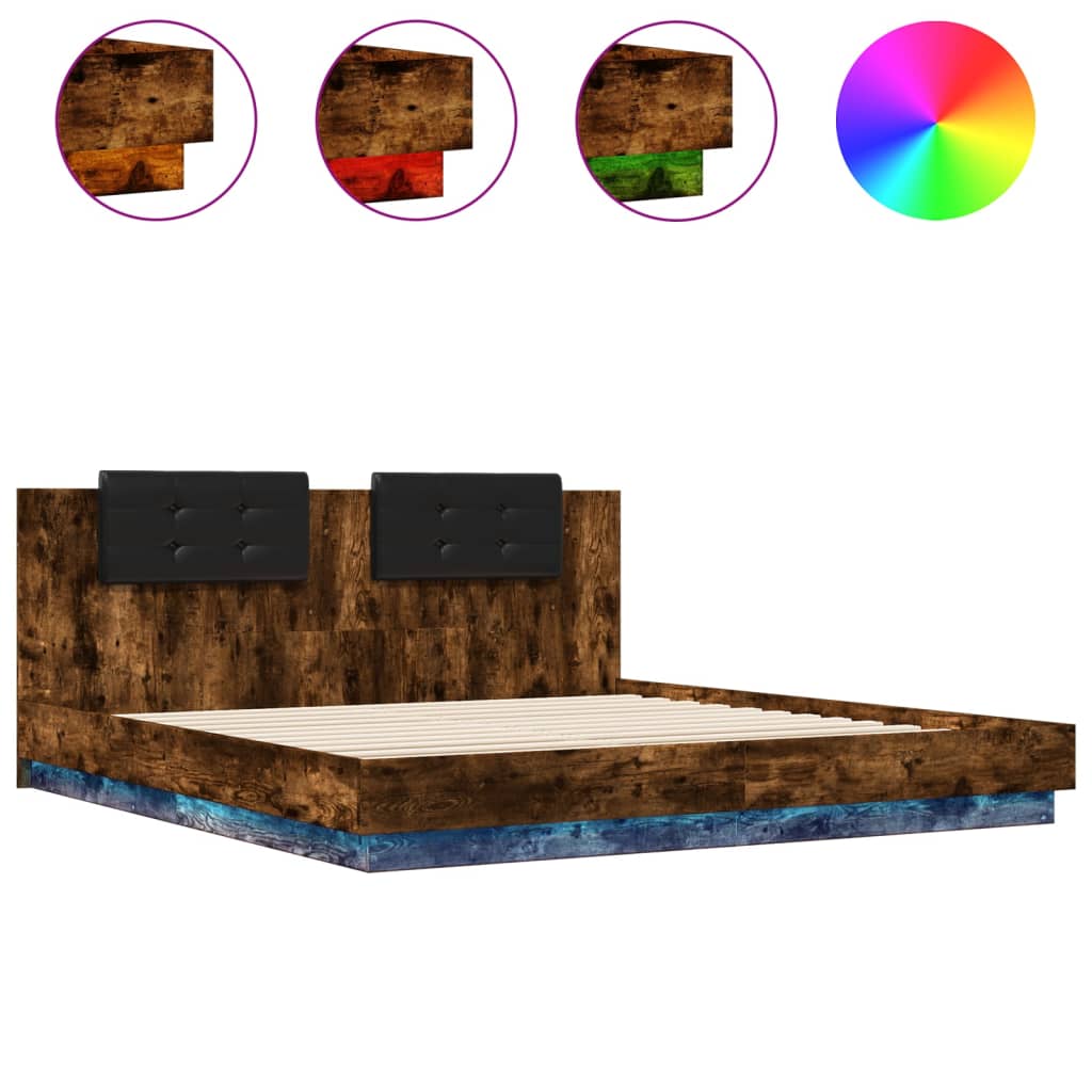 Bedframe met hoofdbord en LED gerookt eikenkleur 180x200 cm is nu te koop bij PeponiXL, paradijselijk wonen!
