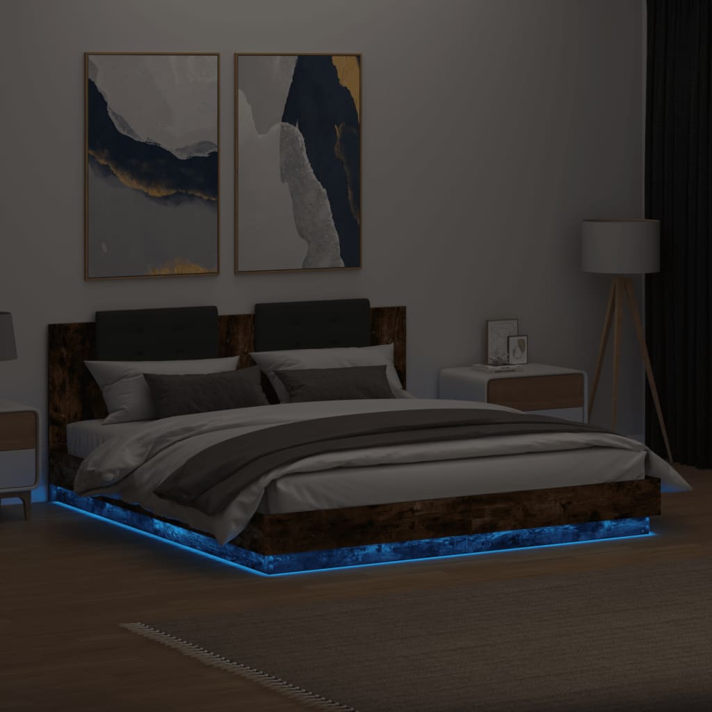 Bedframe met hoofdbord en LED gerookt eikenkleur 180x200 cm is nu te koop bij PeponiXL, paradijselijk wonen!