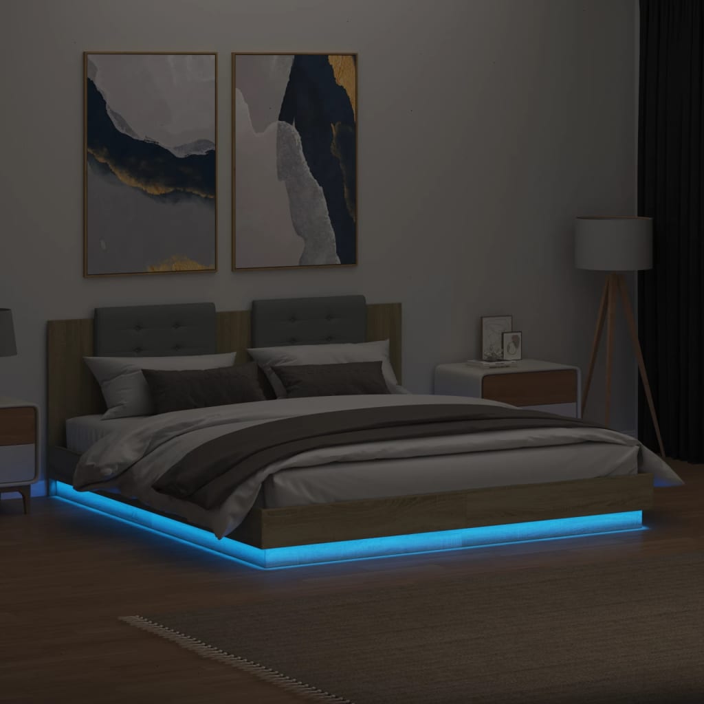 Bedframe met hoofdbord en LED sonoma eikenkleurig 160x200 cm is nu te koop bij PeponiXL, paradijselijk wonen!