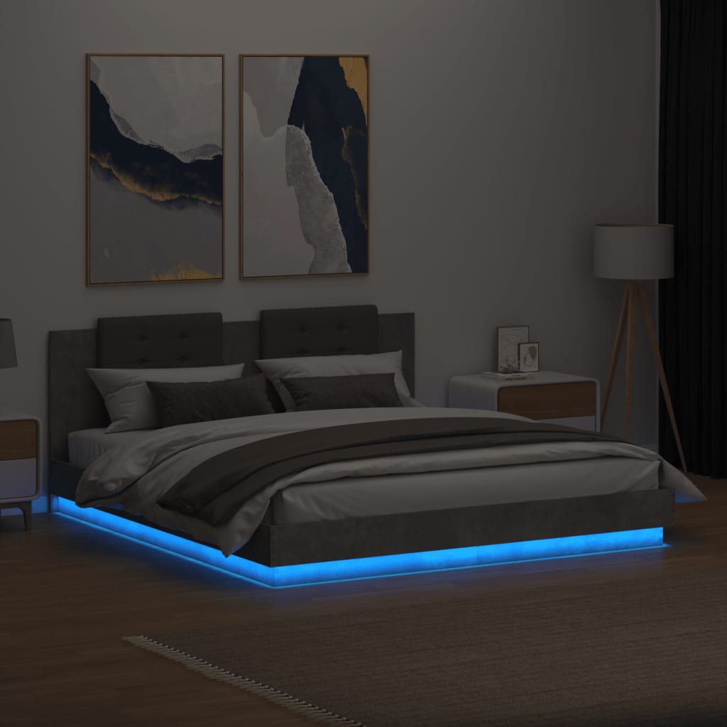Bedframe met hoofdbord en LED-verlichting betongrijs 160x200 cm is nu te koop bij PeponiXL, paradijselijk wonen!