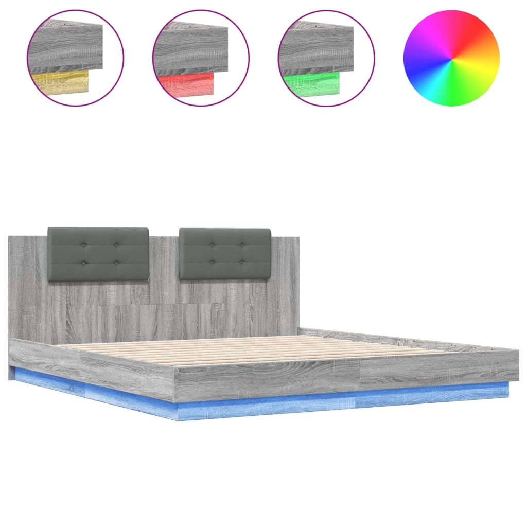 Bedframe met hoofdbord en LED grijs sonoma eiken 160x200 cm is nu te koop bij PeponiXL, paradijselijk wonen!