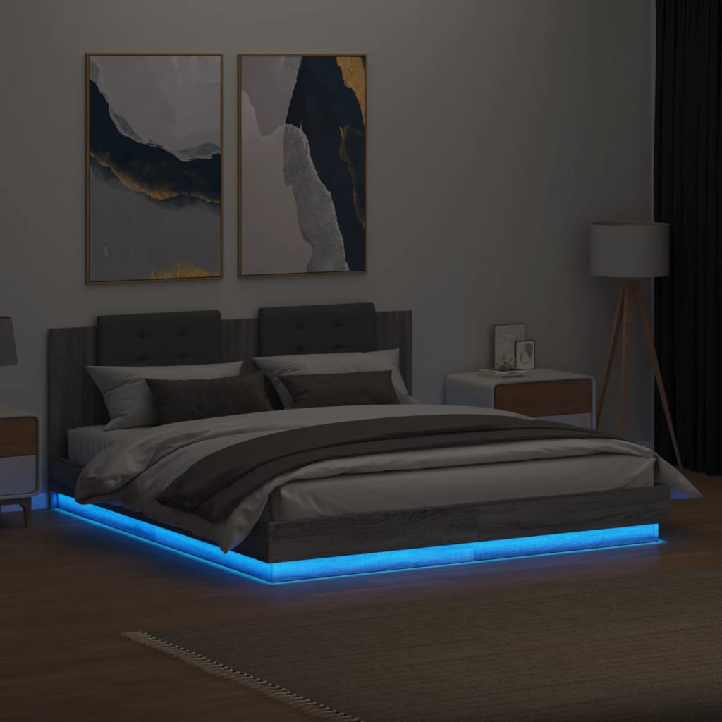 Bedframe met hoofdbord en LED grijs sonoma eiken 160x200 cm is nu te koop bij PeponiXL, paradijselijk wonen!
