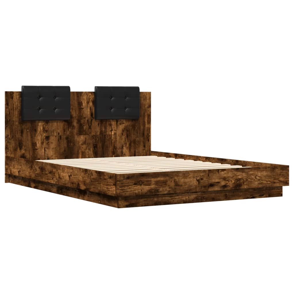 Bedframe met hoofdbord en LED gerookt eikenkleur 150x200 cm is nu te koop bij PeponiXL, paradijselijk wonen!