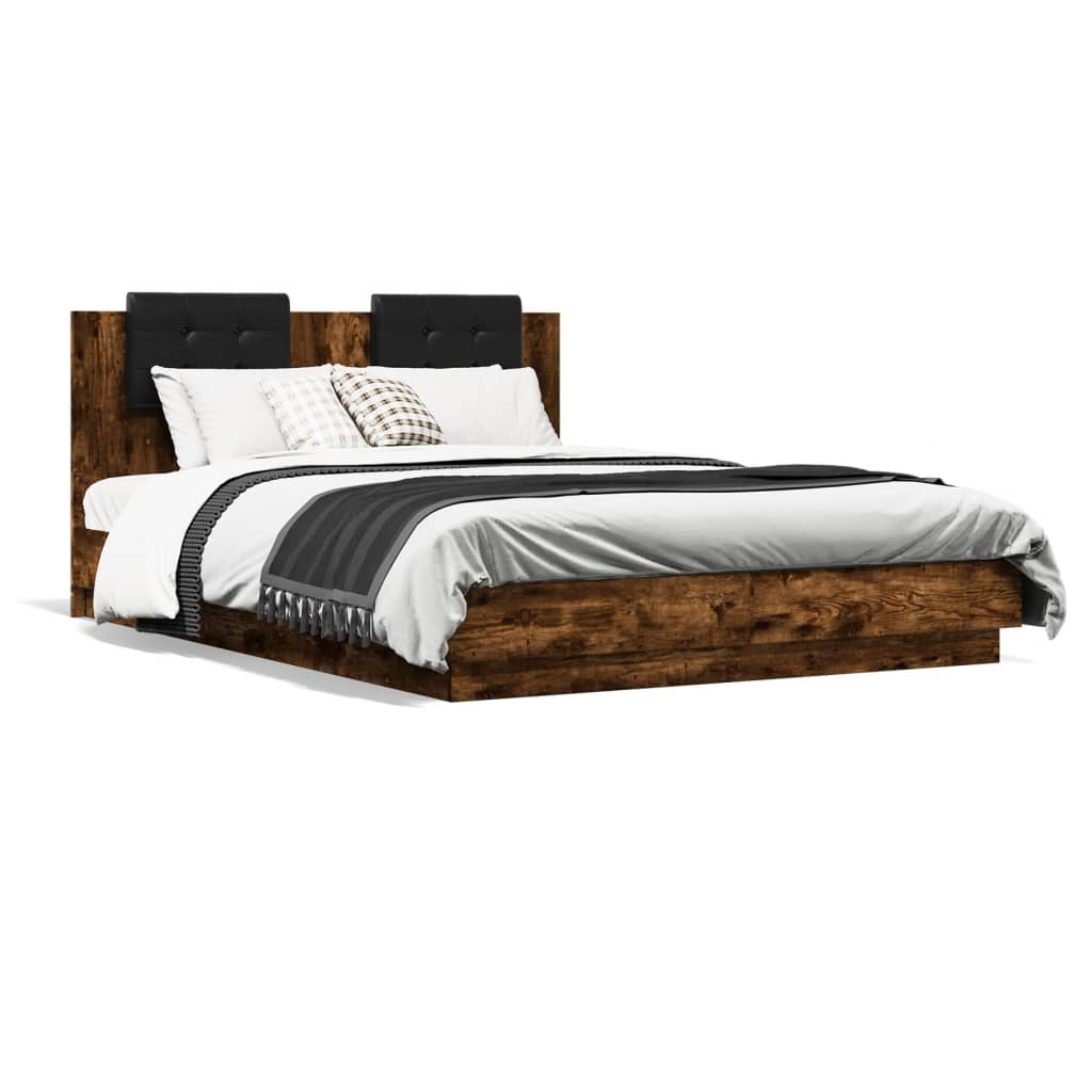 Bedframe met hoofdbord en LED gerookt eikenkleur 150x200 cm is nu te koop bij PeponiXL, paradijselijk wonen!