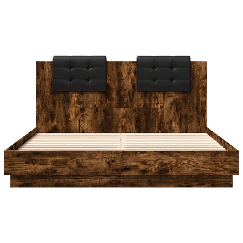 Bedframe met hoofdbord en LED gerookt eikenkleur 150x200 cm is nu te koop bij PeponiXL, paradijselijk wonen!