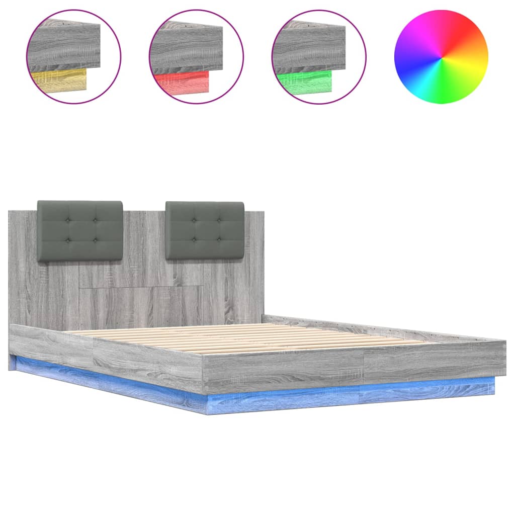 Bedframe met hoofdbord en LED grijs sonoma eiken 150x200 cm is nu te koop bij PeponiXL, paradijselijk wonen!