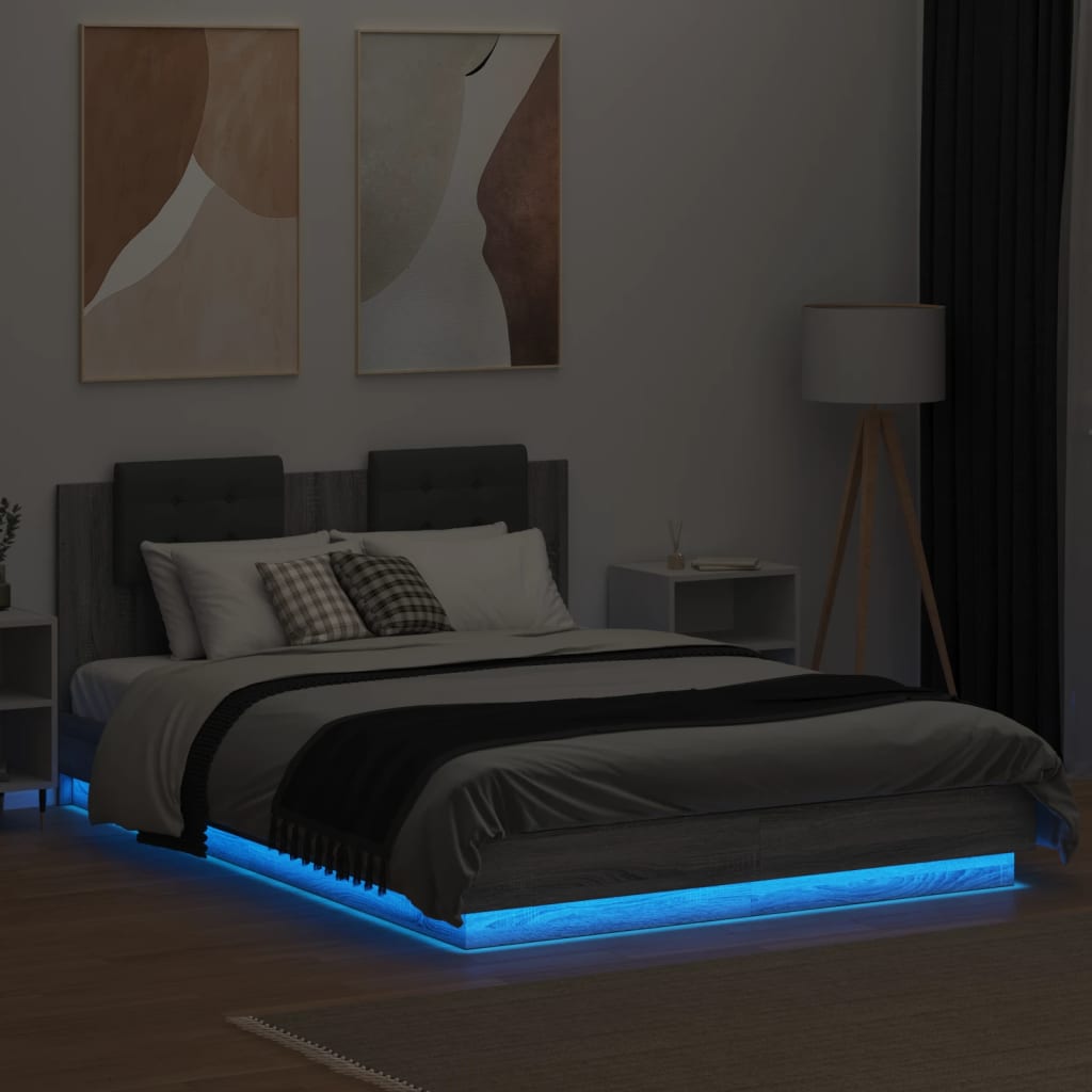 Bedframe met hoofdbord en LED grijs sonoma eiken 150x200 cm is nu te koop bij PeponiXL, paradijselijk wonen!