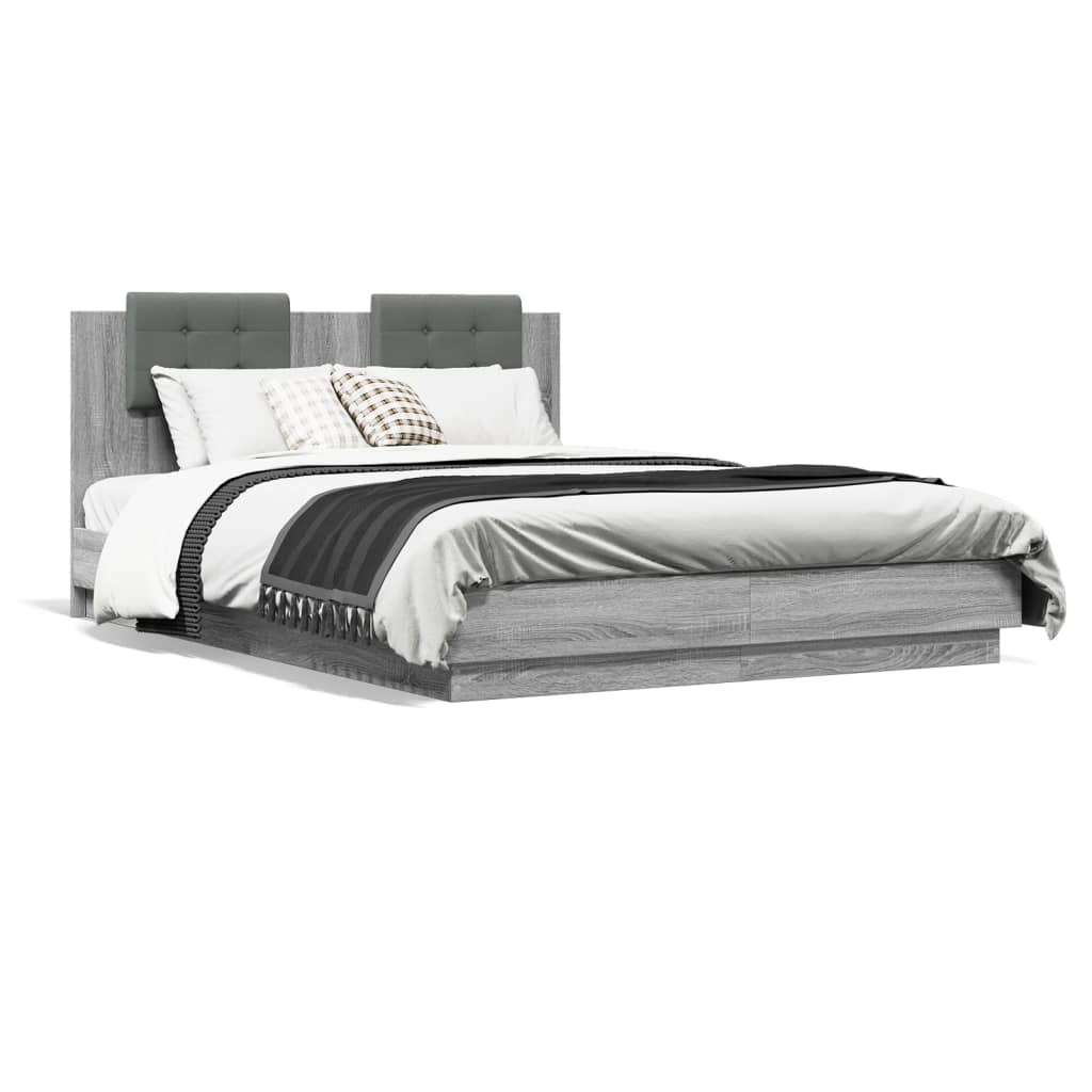 Bedframe met hoofdbord en LED grijs sonoma eiken 150x200 cm is nu te koop bij PeponiXL, paradijselijk wonen!
