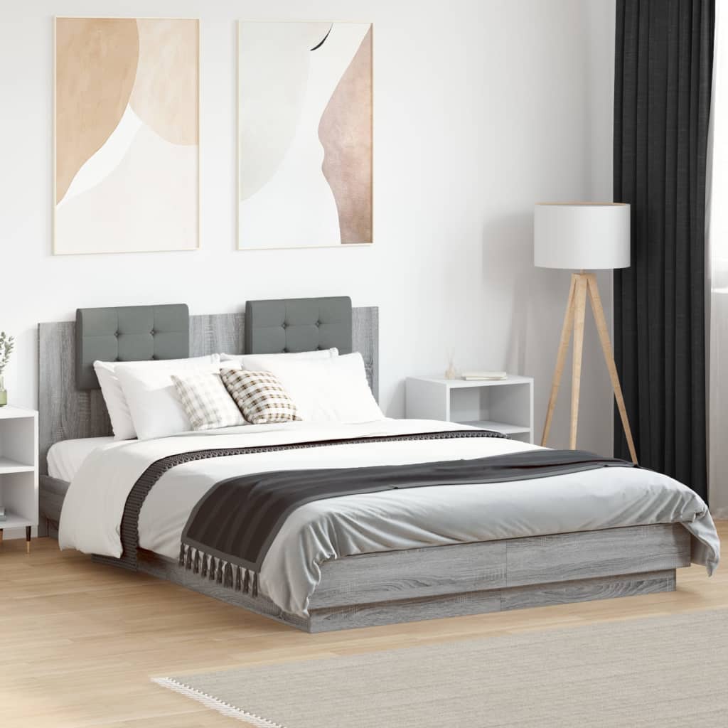 Bedframe met hoofdbord en LED grijs sonoma eiken 150x200 cm is nu te koop bij PeponiXL, paradijselijk wonen!