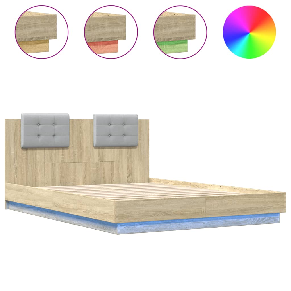 Bedframe met hoofdbord en LED sonoma eikenkleurig 140x200 cm is nu te koop bij PeponiXL, paradijselijk wonen!
