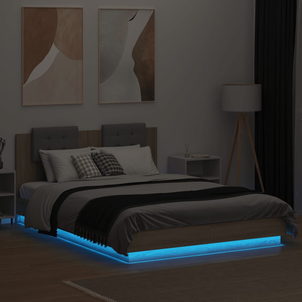 Bedframe met hoofdbord en LED sonoma eikenkleurig 140x200 cm is nu te koop bij PeponiXL, paradijselijk wonen!
