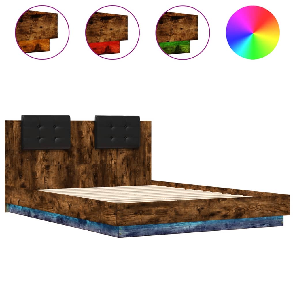 Bedframe met hoofdbord en LED gerookt eikenkleur 140x200 cm is nu te koop bij PeponiXL, paradijselijk wonen!