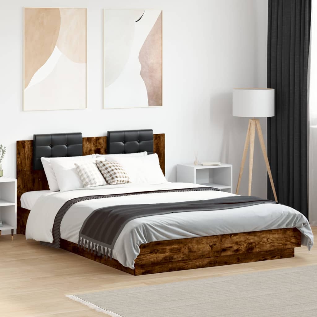 Bedframe met hoofdbord en LED gerookt eikenkleur 120x200 cm is nu te koop bij PeponiXL, paradijselijk wonen!