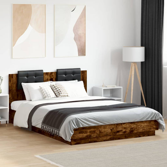 Bedframe met hoofdbord en LED gerookt eikenkleur 120x200 cm is nu te koop bij PeponiXL, paradijselijk wonen!