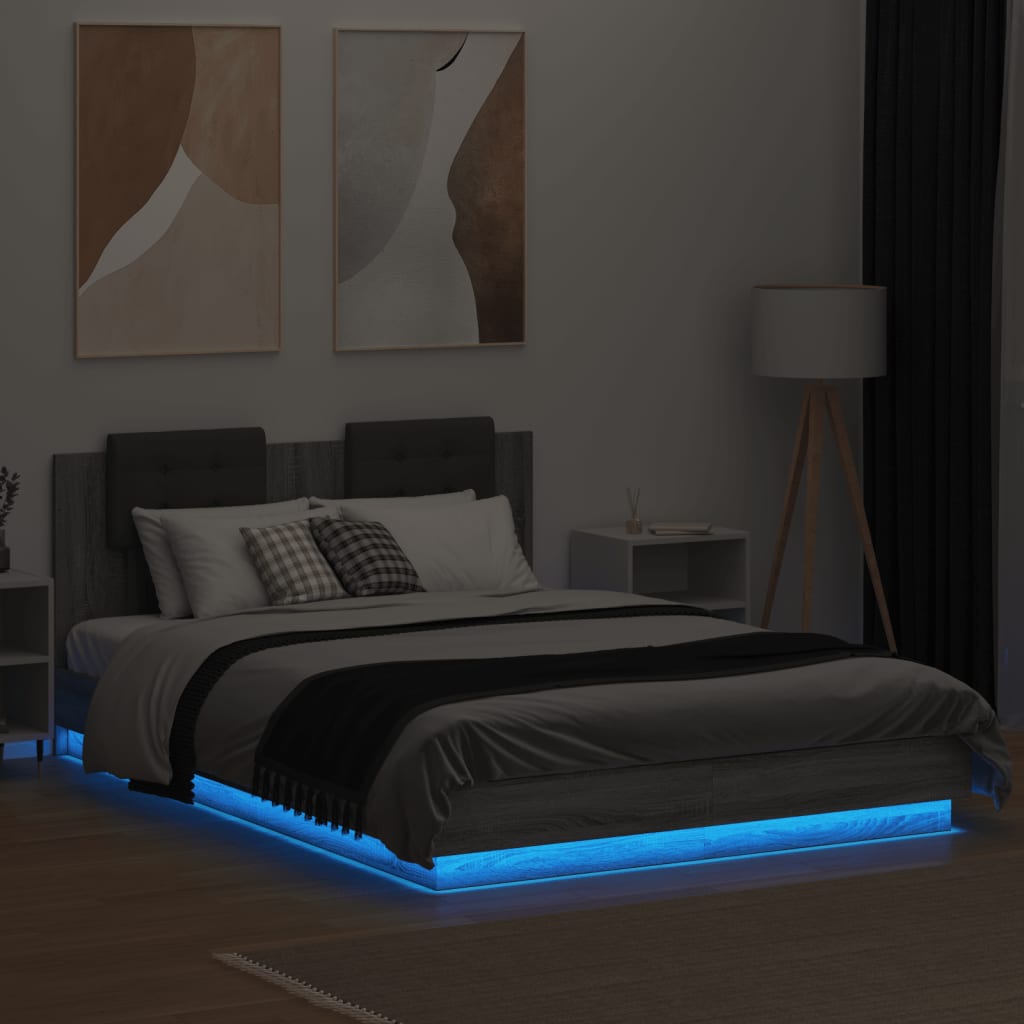 Bedframe met hoofdbord en LED grijs sonoma eiken 120x200 cm is nu te koop bij PeponiXL, paradijselijk wonen!